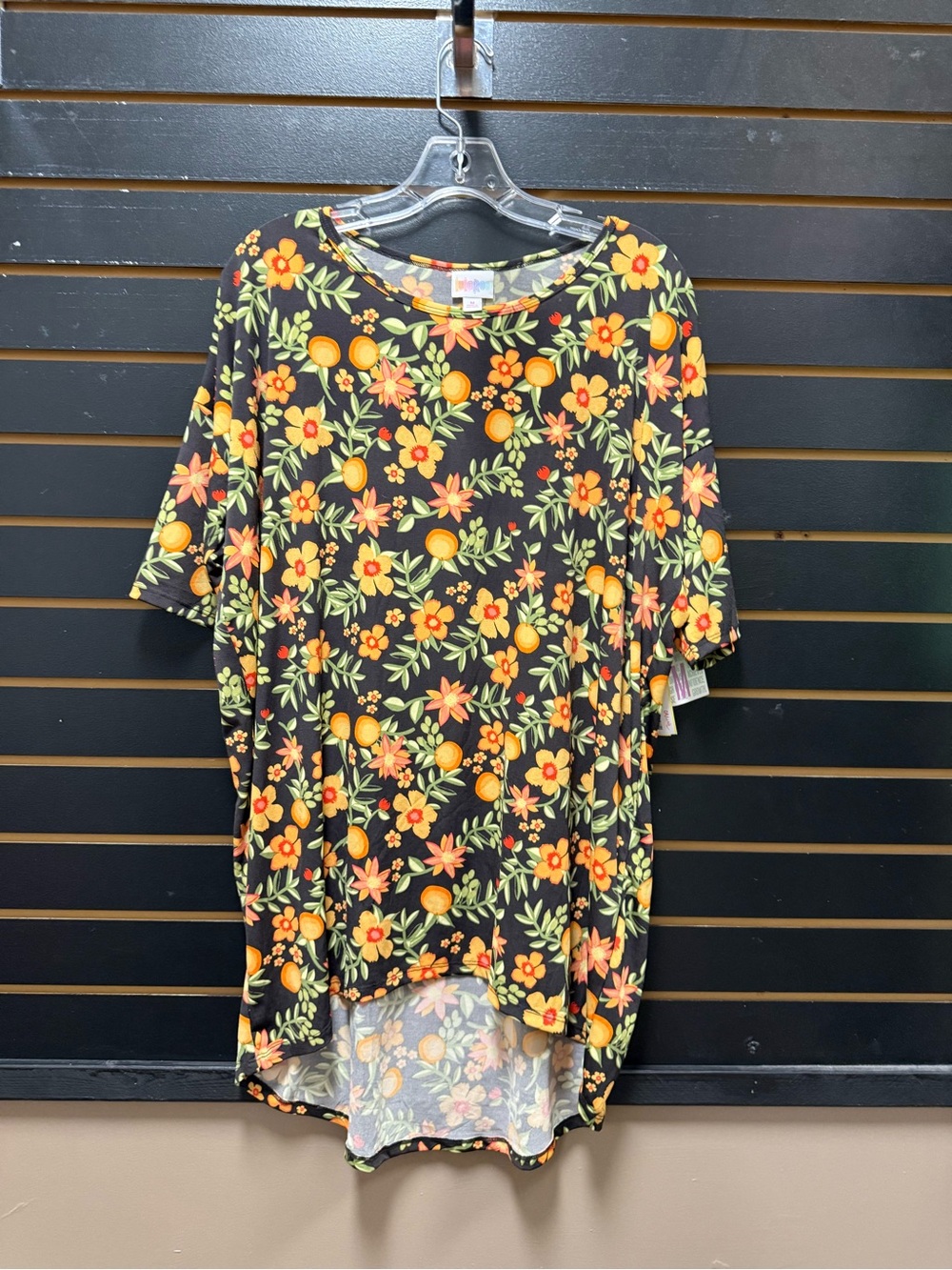 NWT LuLaRoe Irma Tunic Top Medium Black Floral Orange Yellow Hi Low